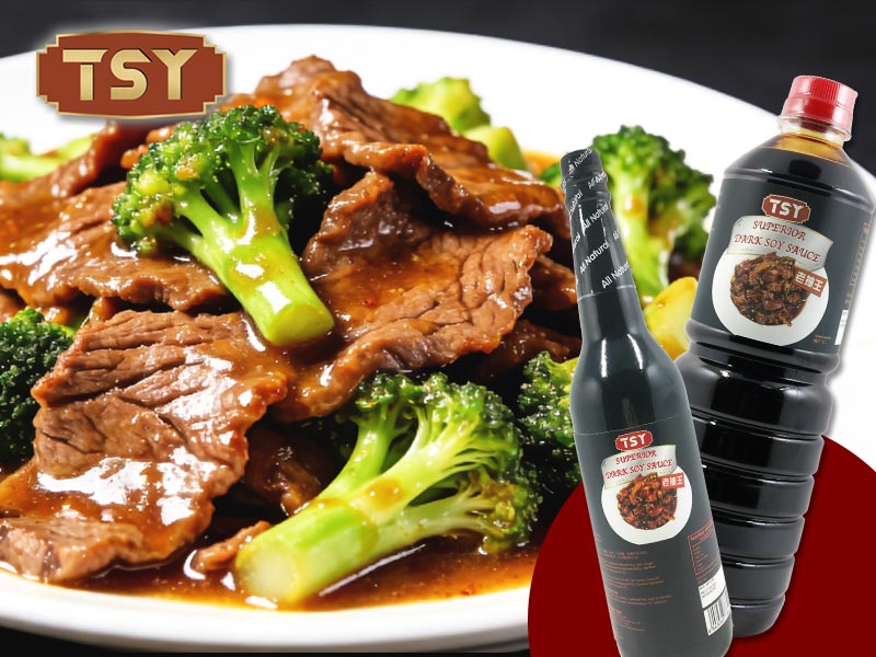 Manzo saltato in padella con salsa di soia scura e broccoli